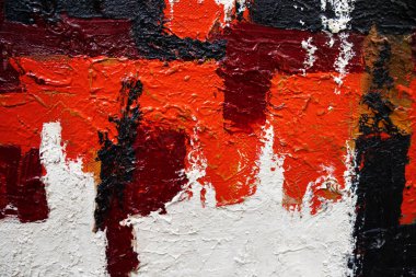 Kırmızı ve siyah el, fırça darbelerini yağlı boyayla çizmiş. Modern sanat. Çağdaş sanat. Soyut sanat geçmişi. Çadır bezi deseni üzerindeki yağlı boya, soyut akrilik resim