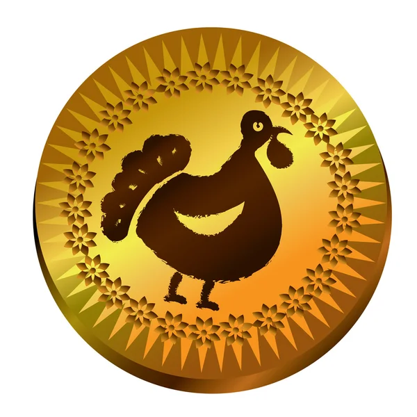 Medallón de oro vectorial con Turquía pájaro grunge vector silueta en medalla de oro con sunburst fondo dorado y borde de la flor . — Vector de stock