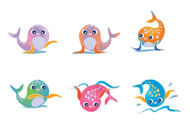 Cartoon Seals silhouettes. 6 cute seals baby playing and swimming. Cheerful sea life icon set. Vector illustration of sea animal.