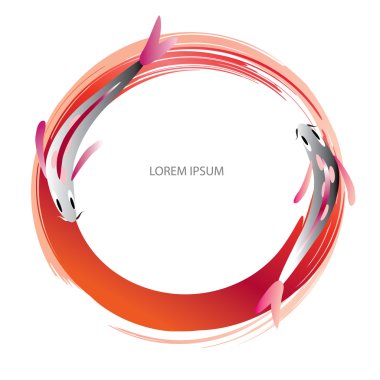 Koi fish, Cyprinus Carpio - japanese brush stroke paint circle frame and two fish flat silhouette. Asian traditionsl fish pond as border. Vector illustration.