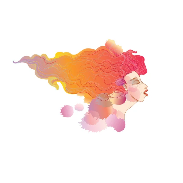 Happy Woman face - profile with flying hair - watercolor. Beautiful woman in profile view with long red hair. Vector illustration.