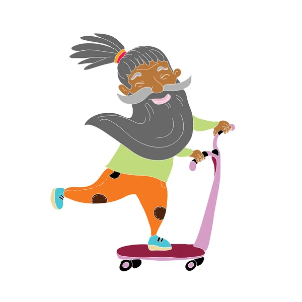 Retro cartoon old man with long grey beard riding on scooter. Crazy happy character old hipster. Fashion senior. City traveler. Vector illustration.