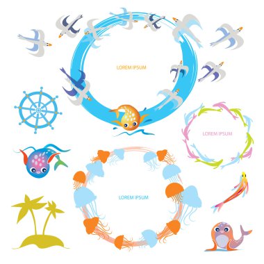 Sea animals set - vector frames and decor element. Cartoon cute animals - seals, jellyfish, seagulls. Marine life frames collection. As invitation, design element.