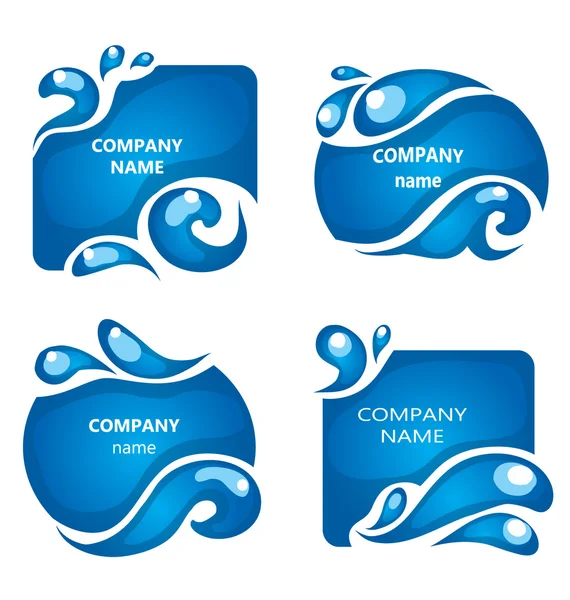 Water  labels - company name design elements. Water icon. Collection of water shapes for logo. Blue water frames with drops and wave. Company name background. — 图库矢量图片