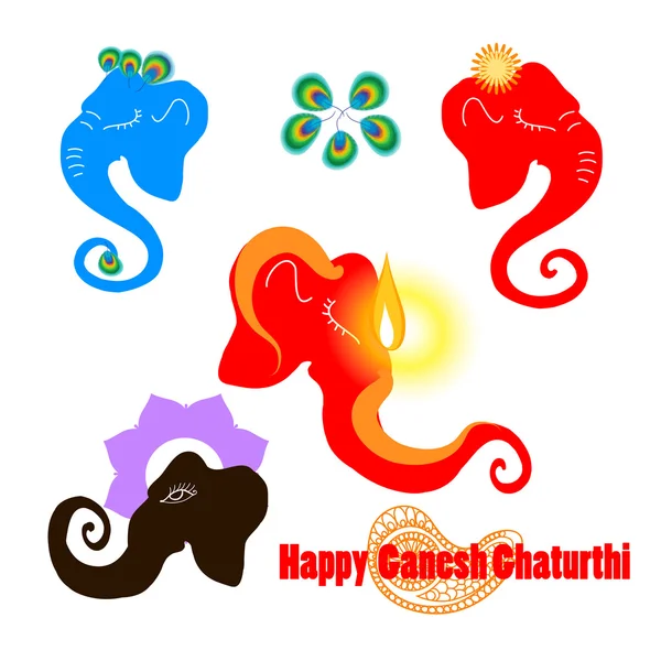 Ganesh silhouettes bright collection. Vector illustration. Decoration art. Design element. For Ganesha Chaturthi festival. 4 symbolic Ganesha hindy god heads. As icon. For web design. — Stock Vector