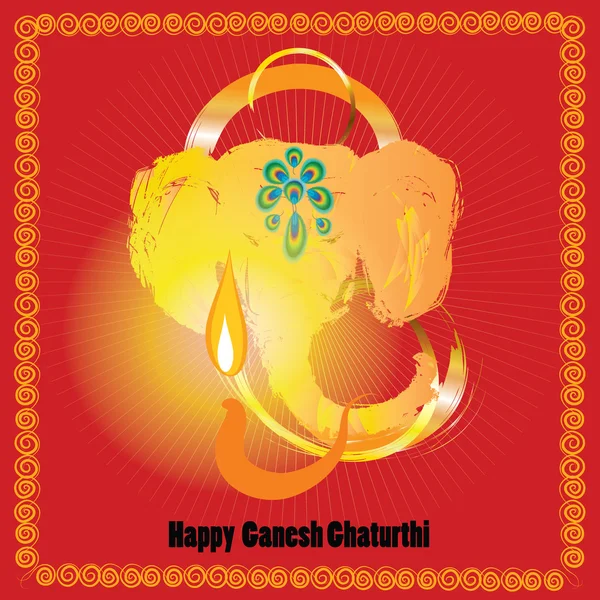 Ganesh Chaturthi - red greeting card for indian festival Vinayaka Chaturthi. Gold elephant head and fire on oil lamp vector illustration. — Stock Vector