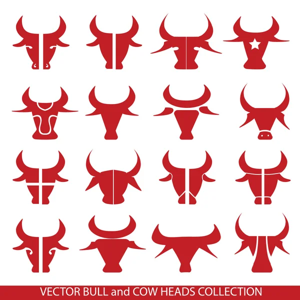 Toros cabeza vector conjunto. Colección de 14 cabezas de toro y vaca. Elementos de diseño de letreros. Como etiqueta engomada, idea del logotipo, iconos, carne de vaca, etiqueta de la carne de res . — Archivo Imágenes Vectoriales