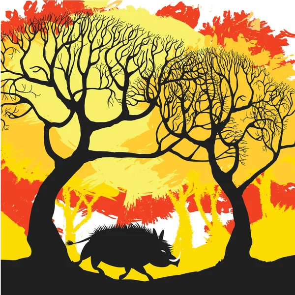 Wild Boar in Autumn Forest - Hunting background.Hunting Season concept. Wild pig silhouette on a yellow grunge paint forest background.