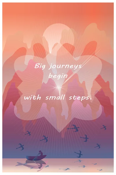 Ig journeys begin with small steps -  inspirational quote on illustration of orient landscape with lake, traveler in boat, birds, mountains.Vertical wallpaper or poster. Vector illustration. — ストックベクタ