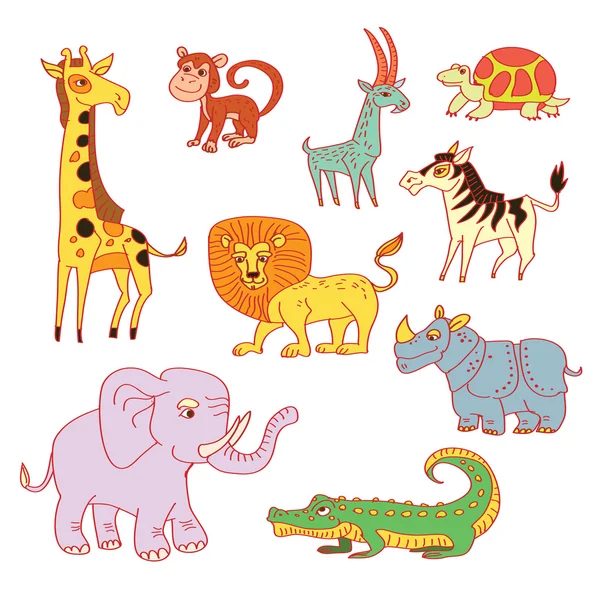 African Animals set - funny cartoon hand drawn characters.Vector illustration, color, childish Jungle Animals collection. Scetchy tropical animals. — Stock Vector