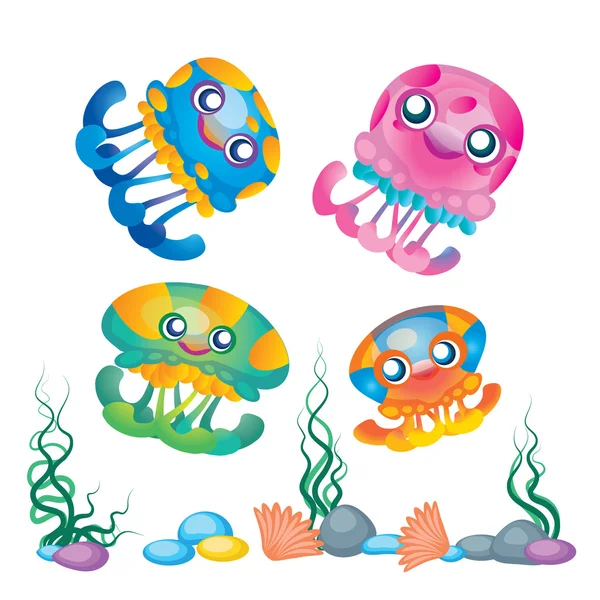 Cartoon polvo conjunto vetor personagem bonito. Animal marinho colorido e planta. Desenho de estilo infantil. Coleção de mascote do mar engraçado . — Vetor de Stock