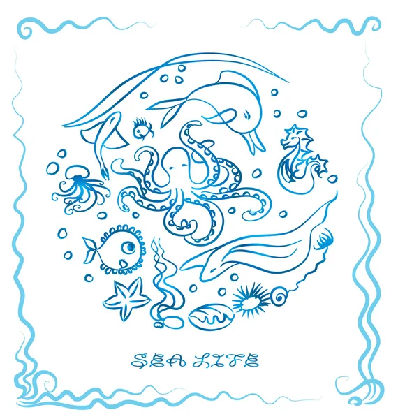 Sea life - ink paint sea animal vector illustration. Blue outline drawing - marine life. Graphic. Dolphin, octopus, jellyfish, seahorse, starfish. Delft blue, sea background, sea frame.