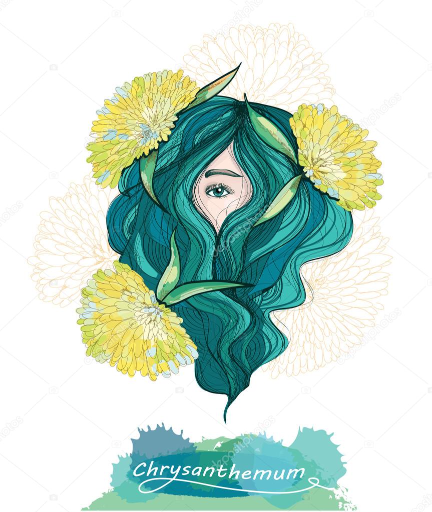 Pretty woman eye view / beautiful hair and chrysanthemum flower around. Vector hand drawn illustration. For fashion indusrtry, beauty salon, spa, card.