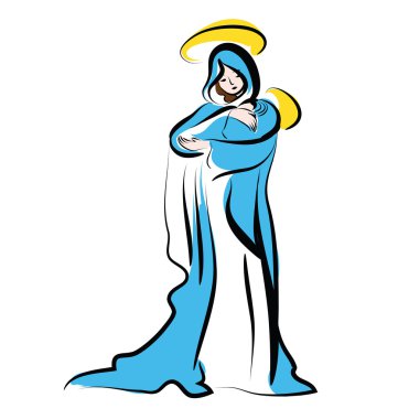 Virgin Mary with child on her arm - vector illustration. The Madonna and Child.Graphic.Virgin Mary and the Child Jesus  for Christmas.