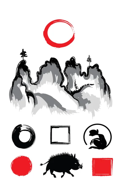 Set of Chinese ink painting design elements. Traditional landscape, wild animals silhouette, decorative stamp. The moon, mountains, monkey,boar. Square, circle grunge stains. Japanese sumi-e.