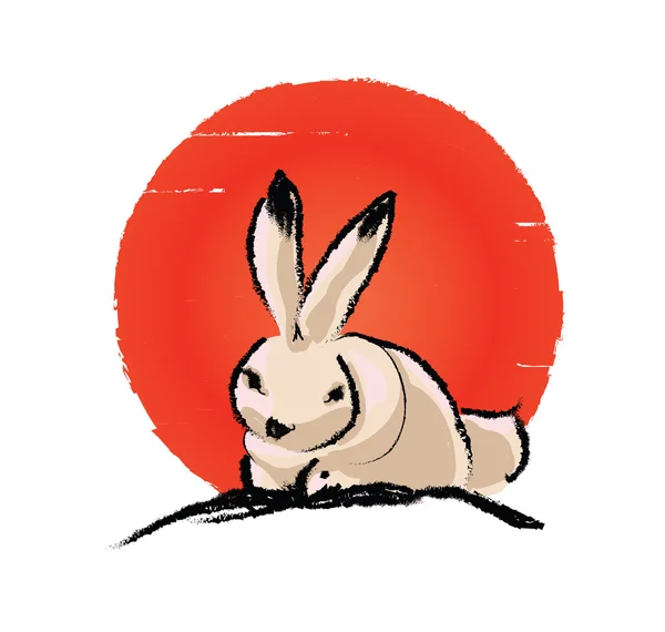 Weißer Hase und roter Mond - Mondkuchenkonzept - Mondkaninchenvektorillustration. Traditionelle Tuschmalerei für das Herbstfest chuseok. — Stockvektor