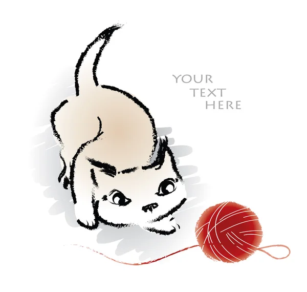 Bebé gato jugando rojo clew - gato blanco personaje, gato vector ilustración. Tinta pintura lindo gatito carácter. Estilo de pintura chino . — Archivo Imágenes Vectoriales