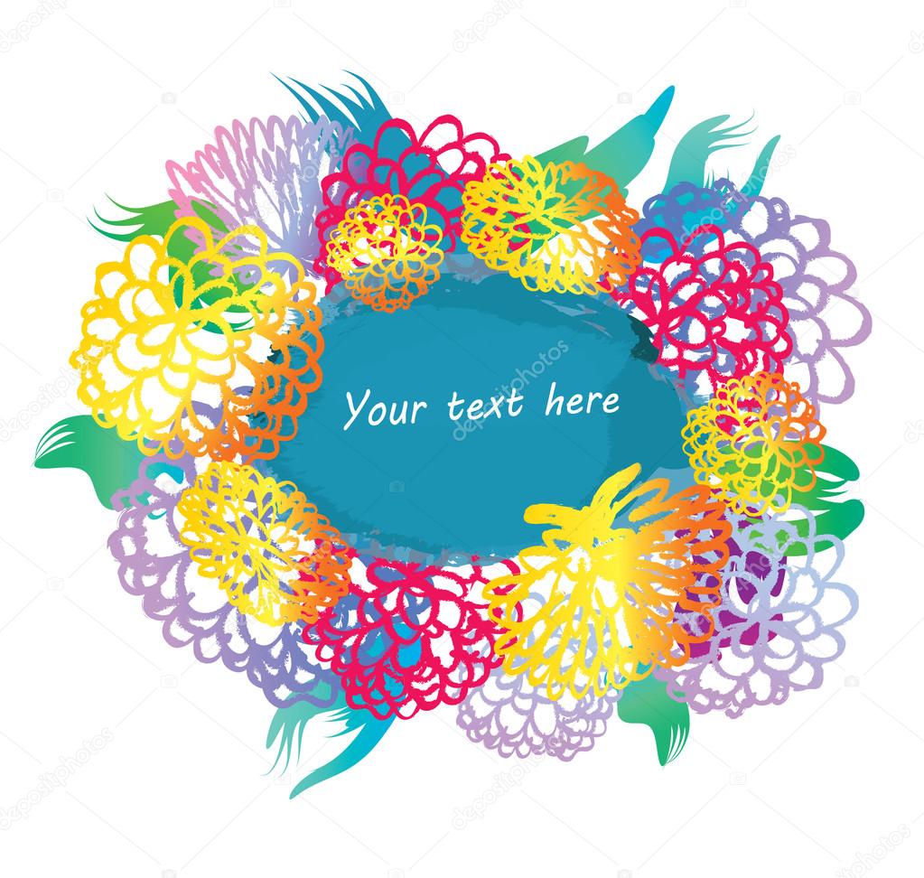 Watercolor vector frame with hand drawn flowers. Blue blotch as text place
