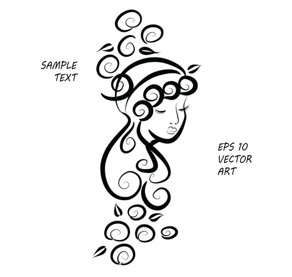 A gyönyörű nő arcát göndör haj és a rózsa. Lány arca, csukott szemmel. Grafikus vektoros illusztráció. Szerkezeti csinos nő. Szépség szalon, haj ellátás embléma, spa. Függőleges oldal design. — Stock Vector