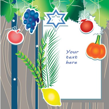 Sukkot tatil çerçeve tasarım - night Tema - düz vektör çizim. Türler için fruts ve tebrik üzerinde şirin woth renk sıçramalarına ahşap masa etiket.