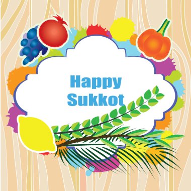 Sukkot tatil tebrik kartı tasarımı - düz vektör çizim. Türler için fruts ve tebrik üzerinde şirin woth renk sıçramalarına ahşap masa etiket.