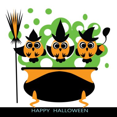 Cadılar Bayramı vektör çizim - baykuş cadı kazanı zehir iksiri pişirin. Komik baykuşlar cadı kostümleri. Baykuşlar siluetleri tasarımınız için düz.