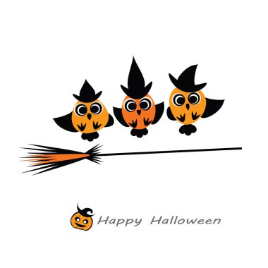 Cadılar Bayramı vektör çizim - baykuş cadılar süpürge üzerinde uçan şapka içinde. Şirin Halloween owlets düz siluetleri tasarımınız için. Cadılar Bayramı kartı şablonu.