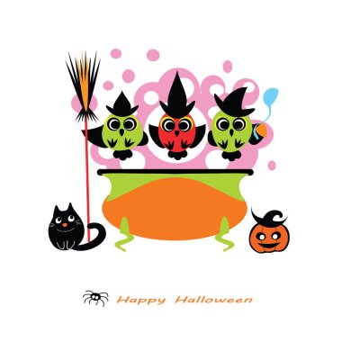 Halloween vector illustration -  cute Owl Witches cooking potion in cauldron. Witch cauldron, Owls, witch hat, cat, pumpkin, broom. Cute Halloween card - flat silhouettes. Eps 10. Isolated on white. clipart