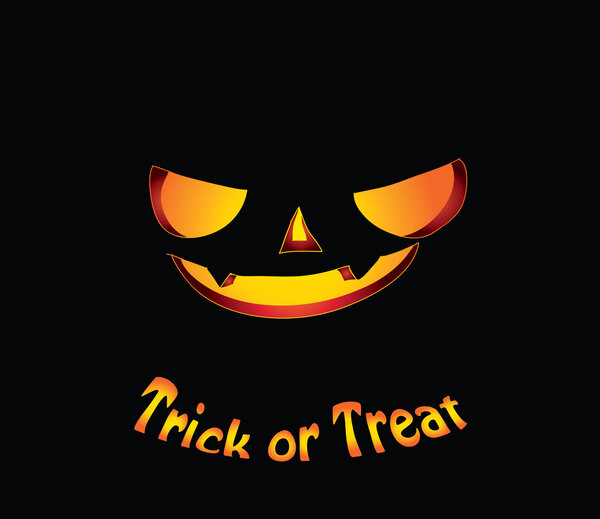 Trick or Treat text and Evil Jack-O-Lantern face on black background - Halloween card or print