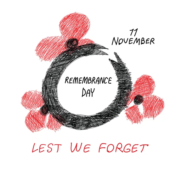 Lest we forget - hand drawn Remembrance card - sketchy drawing of black ribbon and poppy flowers. Childlike doodle style. Hand written text. 11 november card for Poppy day. — Stock Vector