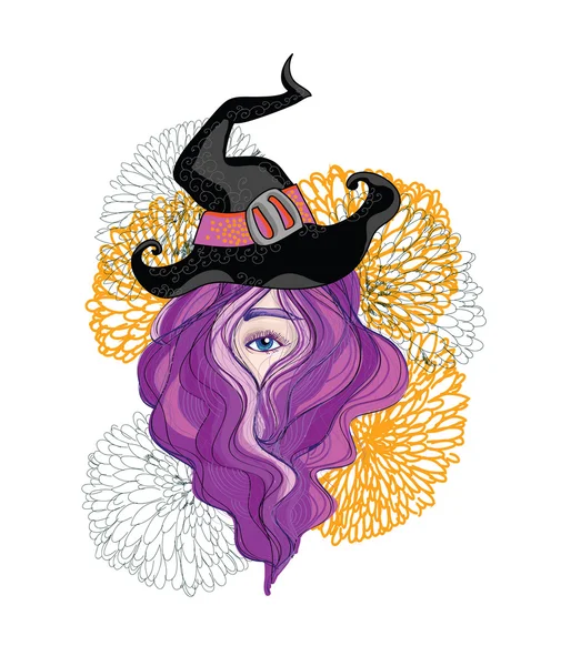 Ilustração de vetor de bruxa bonita - visão de olho com cabelo bonito longo e flor de crisântemo em torno de. Ilustração desenhada à mão vetorial. Para design de Halloween, assine . —  Vetores de Stock