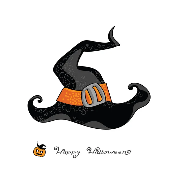 Veselý Halloween - Witch hat vektorové ilustrace, retro karikatura, s rukou roztomilý pozdravy a jack-o lucernou ikonu. Halloween ruku tažená karta. Na bílém pozadí. — Stockový vektor