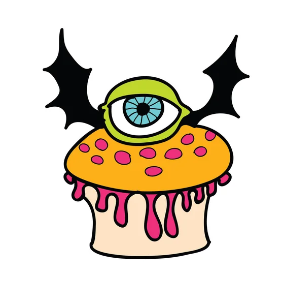 Bolo de Halloween com asas de olho e morcego - personagem de Halloween retro desenho animado - truque engraçado ou tratar cupcake com olho de monstro com asas de morcego. Ilustração desenhada à mão . — Vetor de Stock