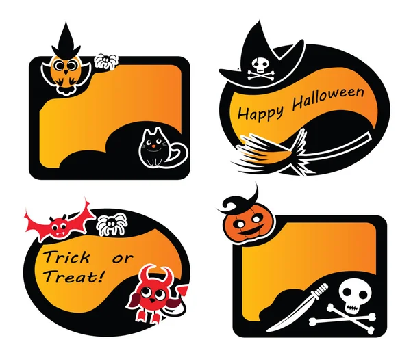 Ayarla, Vintage mutlu Halloween Etiketler ve stickerlar. Cadı, baykuş, şeytan, vampir yarasa, Jack-O-Lantern, kürek ve kemikler, şirin Halloween öğelerin illüstrasyon vektör Black Cat, süpürge -. — Stok Vektör