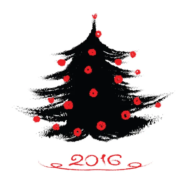 Noel ağacı siyah mürekkep boyama. El Merry Christmas vektör çizim çekilmiş. Soyut mürekkep boya - siyah ve kırmızı fırça darbeleri. Sulu Boya doku.