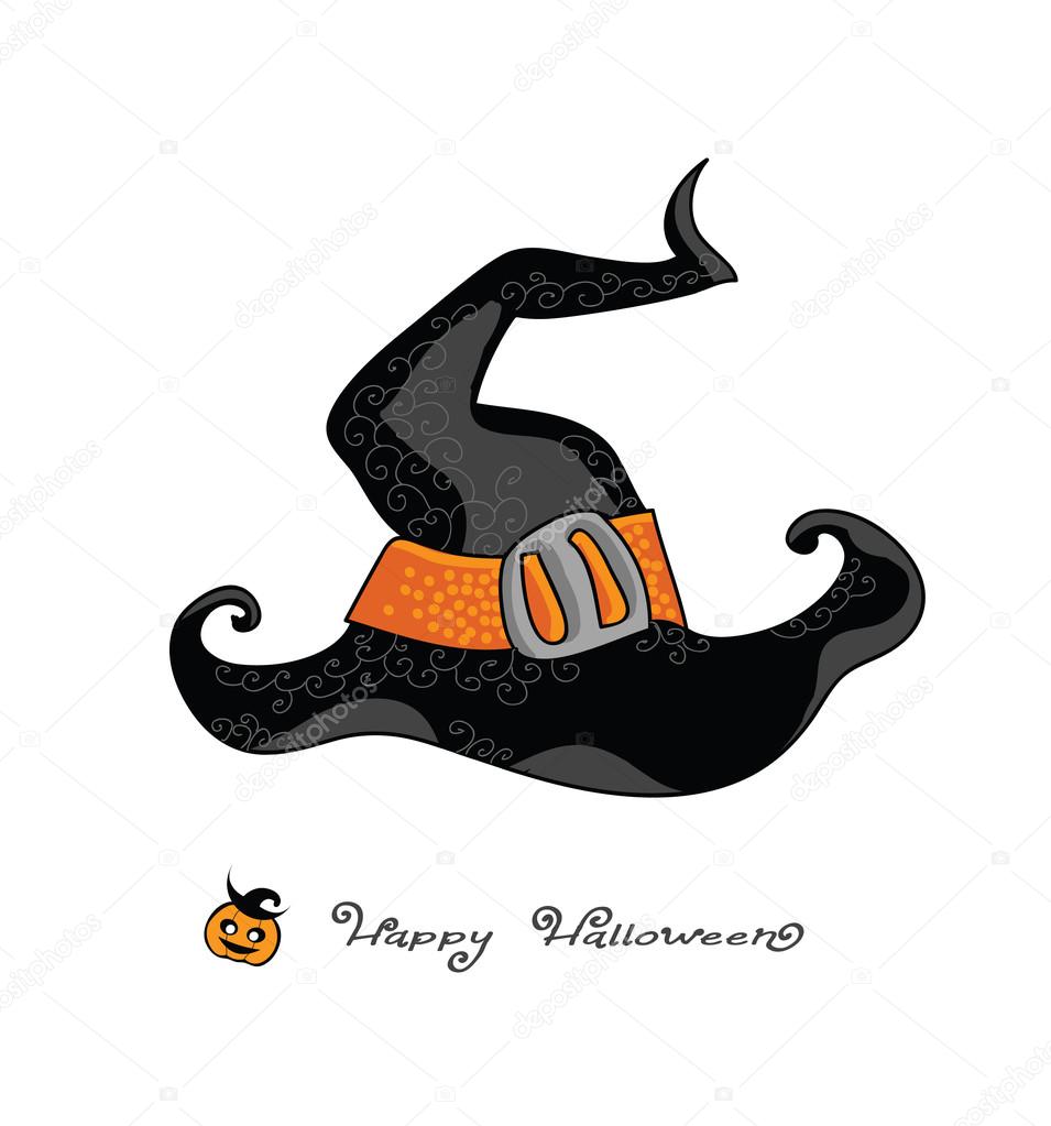 Happy Halloween - Witch hat vector illustration, retro cartoon, with hand drawing cute greetings and jack-o-lantern icon. Halloween hand drawn card. On white.