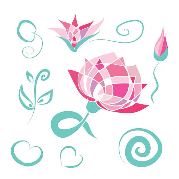 Lotusblüten Set - rosa Lotusblüten, türkisfarbene Zweige, Blätter, Wirbel. Abstrakter Lotus. handgezeichnete Vektorelemente für das Design des Wellness-Logos, Banner, Einladungen, Karten. isoliert auf weiß. Folge 10. — Stockvektor