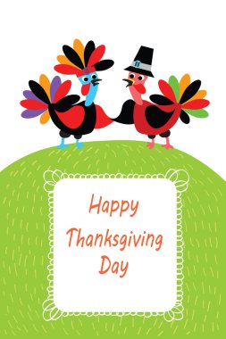 Thanksgivings Turkey vector illustration - two cartoon of turkey bird as native american and pilgrim. Funny turkey in costumes holding hands ( wings). Happy Thanksgiving greeting card,poster, banner.