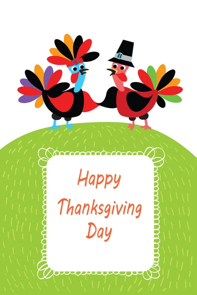 Thanksgivings Turkey vector illustration - two cartoon of turkey bird as native american and pilgrim. Funny turkey in costumes holding hands ( wings). Happy Thanksgiving greeting card,poster, banner. — ストックベクタ