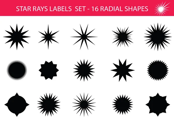 Star rays - Set of Retro Sun burst shapes. Vector stars and sparkle silhouettes classic design elements. Vintage sun ray frames, quality signs, sale icons for design project. Isolated on white. — Stock Vector