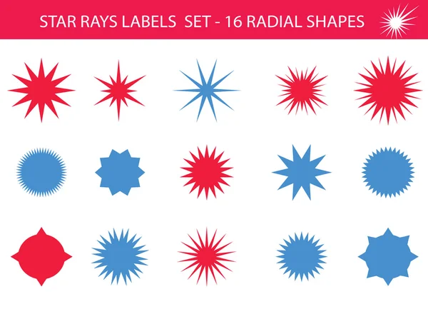 Star rays - Set of Retro Sun burst shapes,blue and red. Vector stars and sparkle silhouettes festive design elements. — Stock Vector