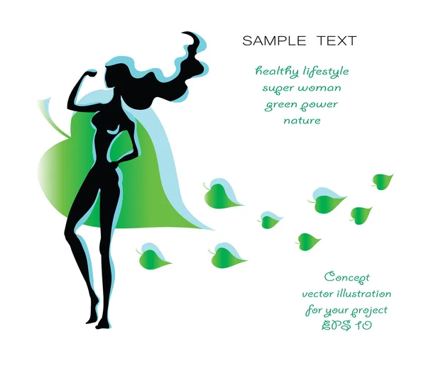 Green woman and green leaf vector - beautiful woman black silhouette posing on green leaf flying background. Green energy, healthy lifestyle concept. — 图库矢量图片
