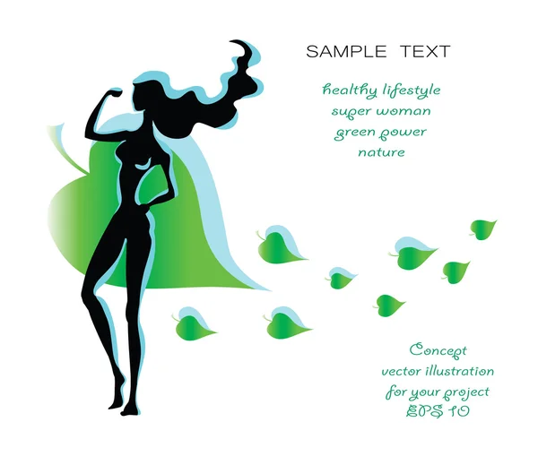 Green woman and green leaf vector - beautiful woman black silhouette posing on green leaf flying background. Green energy, healthy lifestyle concept.