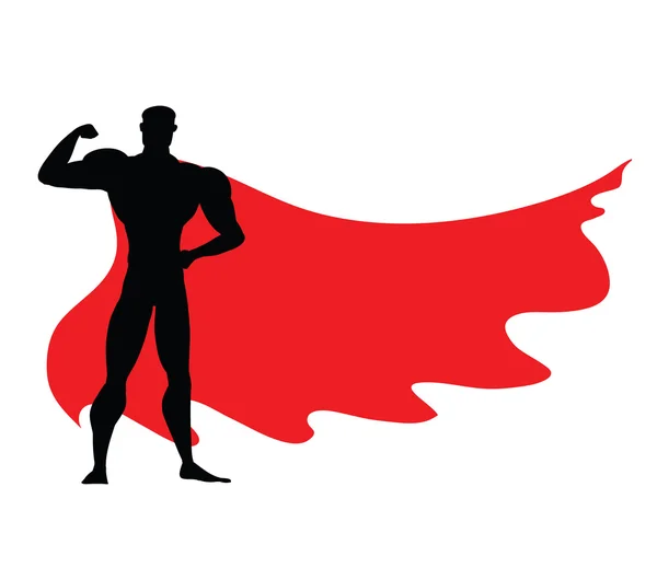 Szuperhős ikon - vektoros fekete szuperhős silhouette flying a szélenergia piros köpenyt visel. Superman az erős kar pózol. Erős férfi fitness jele, a férfiasság szimbóluma, a védelem jelképe. — Stock Vector