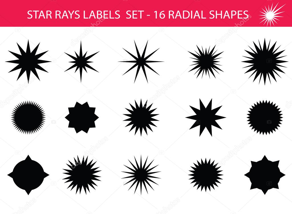 Star rays - Set of Retro Sun burst shapes. Vector stars and sparkle silhouettes classic design elements. Vintage sun ray frames, quality signs, sale icons for design project. Isolated on white. Eps 10.