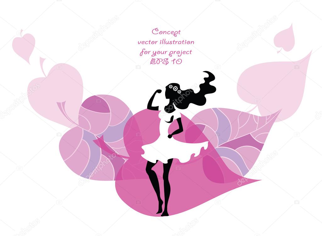 Bride black silhouette in white dress and wreath on pink leaf falling background - vector illustration for wedding card in elegant style. Best for wedding shopping or 	bridal shower party invitation. Eps 10.