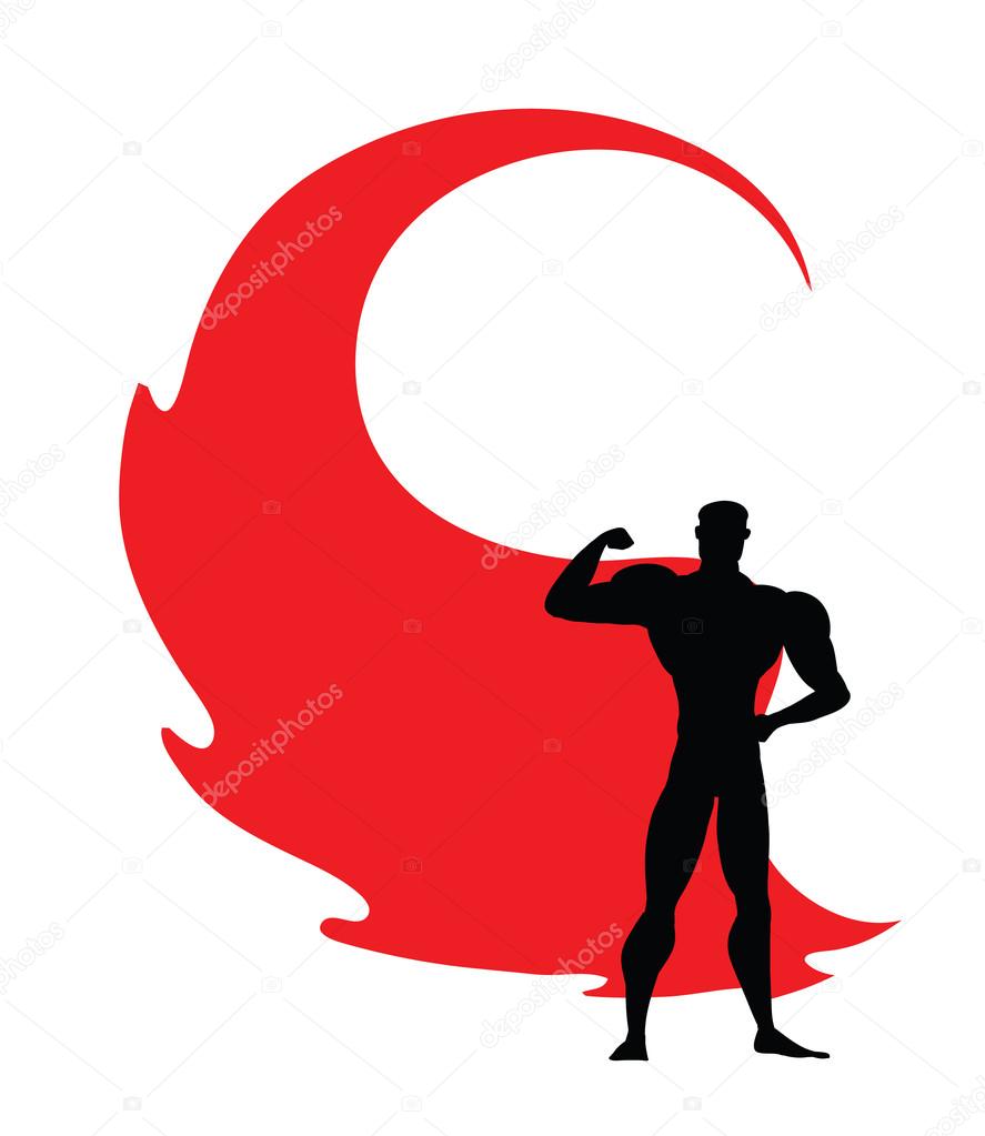 Superhero icon - vector black Superhero silhouette wearing red cloak flying on wind. Superman with strong arm posing. Strong man as fitness sign, masculinity symbol, protection emblem.