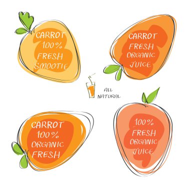 Fresh juice -  Health Food Headings vector set  - Carrot juice stickers with inscription fresh. Calligraphic Organic food hand drawn icons  collection isolated on white background.