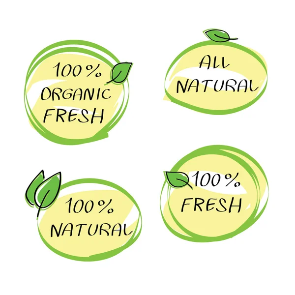Health Food Headings vector set - organic food hand drawn icons. 4 calligraphic design elements .100 percent fresh, organic fresh, all natural  text on circle stickers with green leaf.