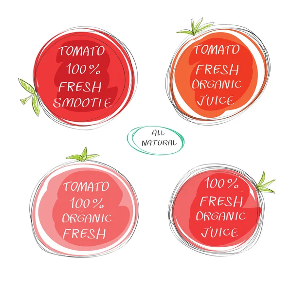 Jugo fresco - Salud Alimentos Encabezados vector conjunto - Tomates jugo círculo pegatinas con inscripción fresca. Colección de iconos dibujados a mano alimentos ecológicos caligráficos aislados sobre fondo blanco . — Vector de stock